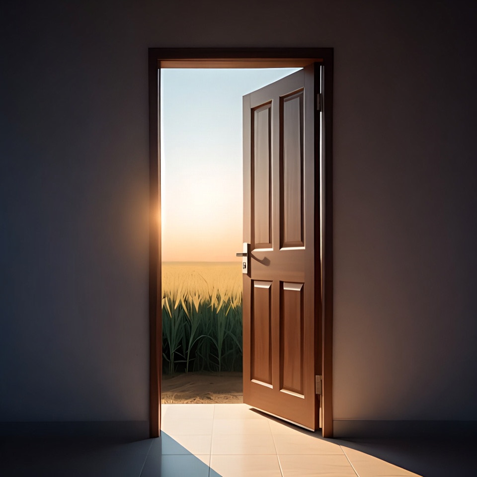 An open door onto a sunlit field at dawn