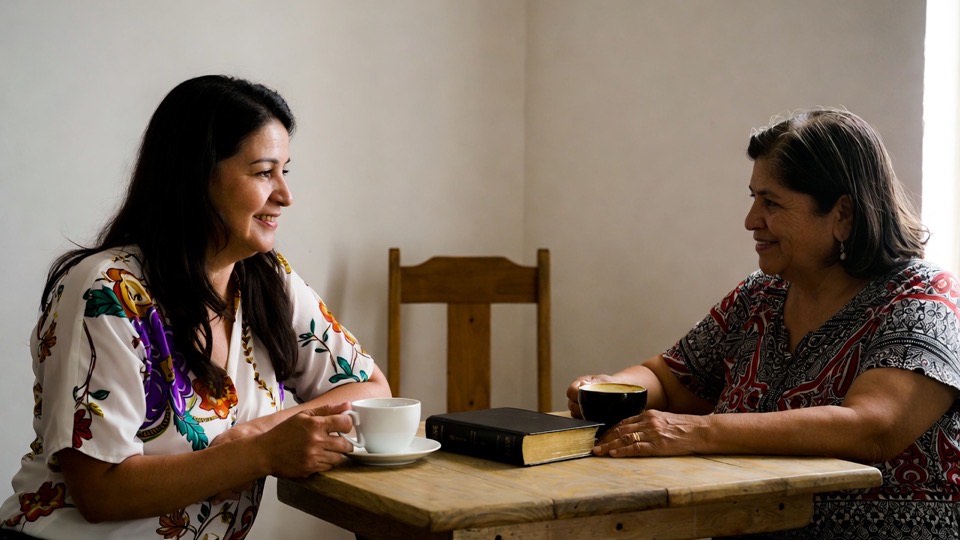 Two women talking with a Bible on the table