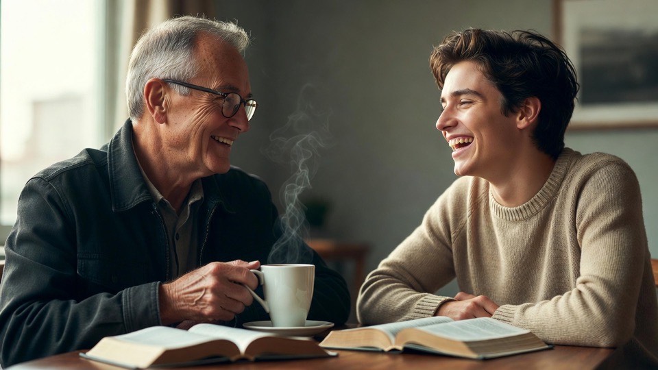 A disciplyer and his disciple talking with an open Bible